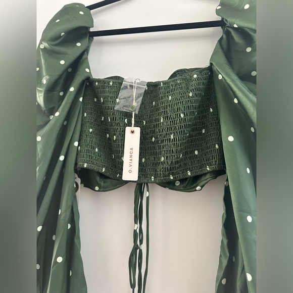 O.Vianca green & white polka dot puff shoulder long sleeve crop top formal NWT M - Picture 11 of 12